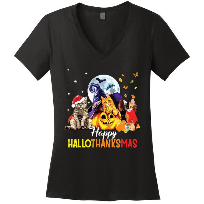 Happy Thanksgiving Cute Cat Happyhallothanksmas Women's V-Neck T-Shirt