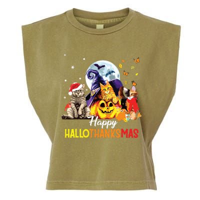 Happy Thanksgiving Cute Cat Happyhallothanksmas Garment-Dyed Women's Muscle Tee