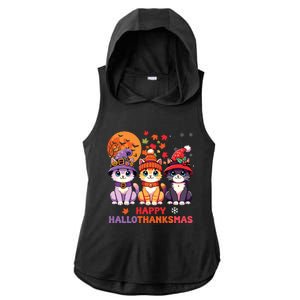 Halloween Thanksgiving Christmas Happy Hallothanksmas Cats Ladies PosiCharge Tri-Blend Wicking Draft Hoodie Tank