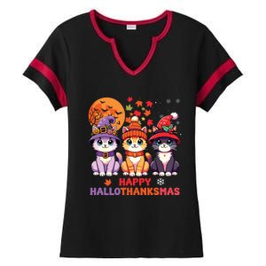 Halloween Thanksgiving Christmas Happy Hallothanksmas Cats Ladies Halftime Notch Neck Tee