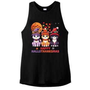 Halloween Thanksgiving Christmas Happy Hallothanksmas Cats Ladies PosiCharge Tri-Blend Wicking Tank