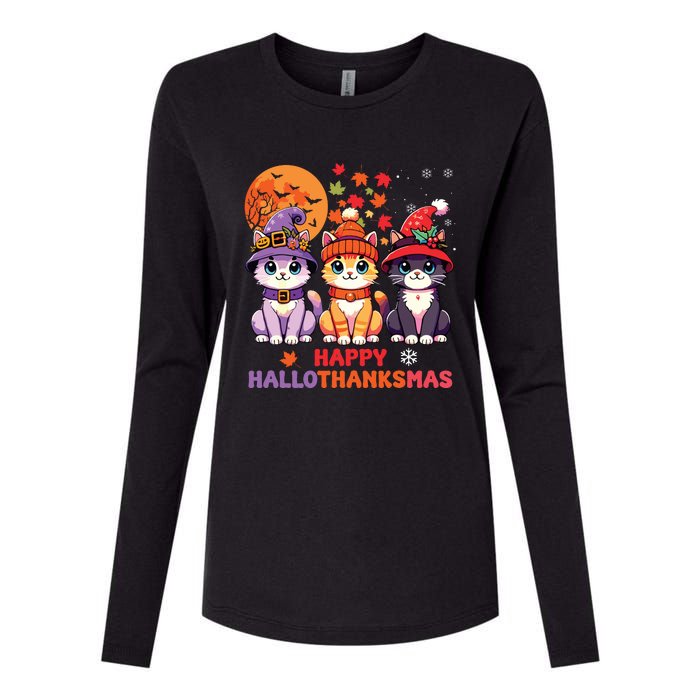 Halloween Thanksgiving Christmas Happy Hallothanksmas Cats Womens Cotton Relaxed Long Sleeve T-Shirt