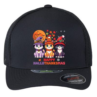 Halloween Thanksgiving Christmas Happy Hallothanksmas Cats Flexfit Unipanel Trucker Cap