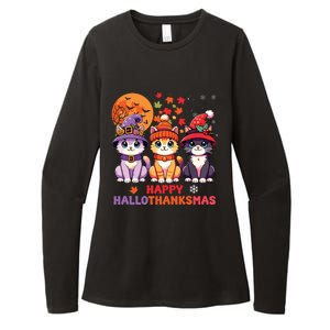 Halloween Thanksgiving Christmas Happy Hallothanksmas Cats Womens CVC Long Sleeve Shirt