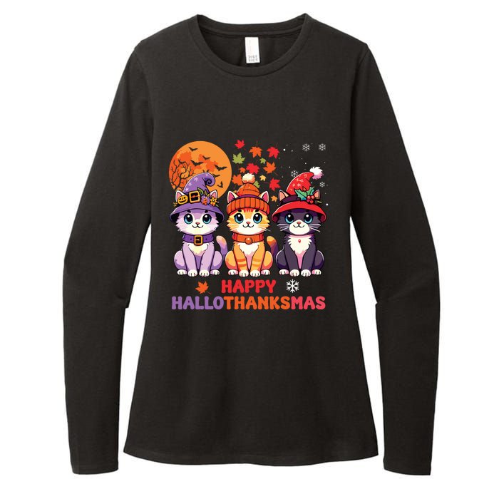 Halloween Thanksgiving Christmas Happy Hallothanksmas Cats Womens CVC Long Sleeve Shirt