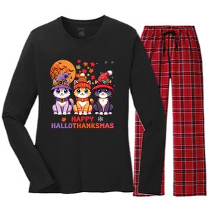 Halloween Thanksgiving Christmas Happy Hallothanksmas Cats Women's Long Sleeve Flannel Pajama Set 