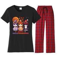 Halloween Thanksgiving Christmas Happy Hallothanksmas Cats Women's Flannel Pajama Set