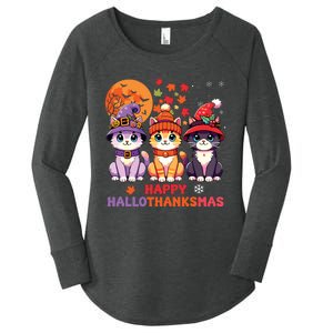 Halloween Thanksgiving Christmas Happy Hallothanksmas Cats Women's Perfect Tri Tunic Long Sleeve Shirt