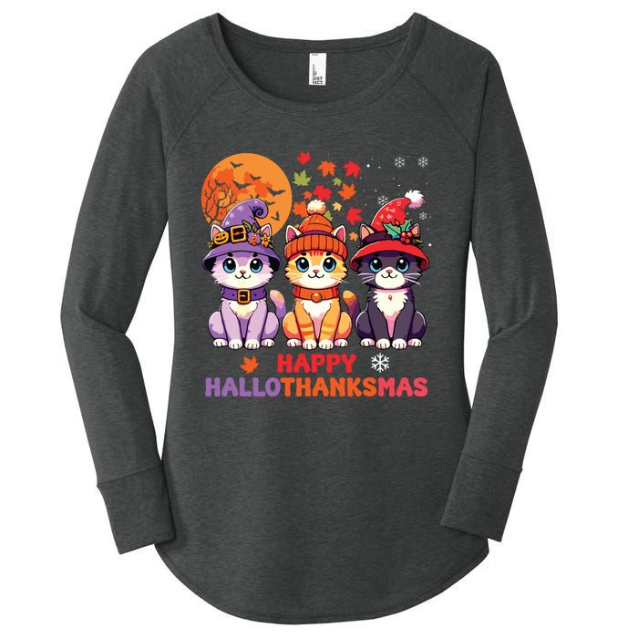 Halloween Thanksgiving Christmas Happy Hallothanksmas Cats Women's Perfect Tri Tunic Long Sleeve Shirt