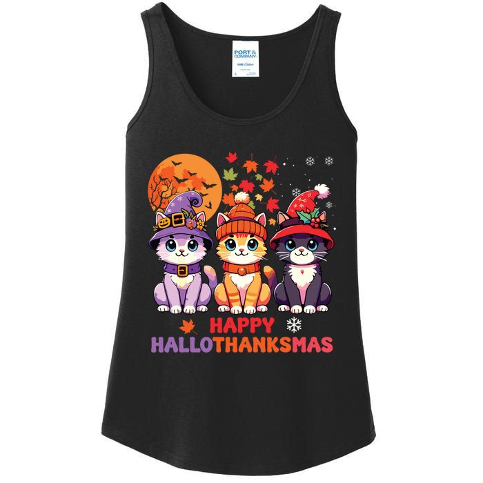 Halloween Thanksgiving Christmas Happy Hallothanksmas Cats Ladies Essential Tank