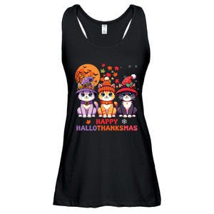 Halloween Thanksgiving Christmas Happy Hallothanksmas Cats Ladies Essential Flowy Tank