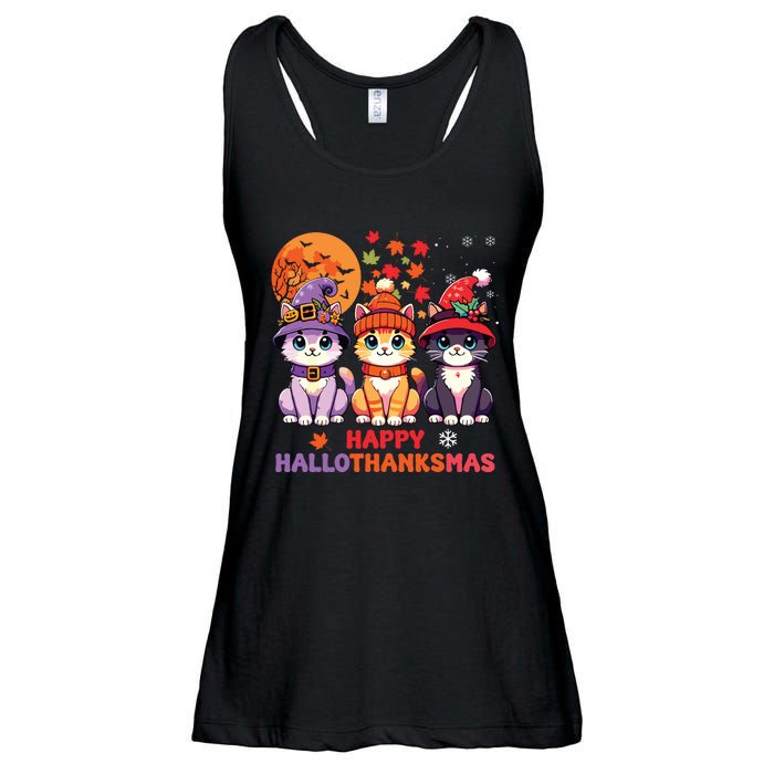 Halloween Thanksgiving Christmas Happy Hallothanksmas Cats Ladies Essential Flowy Tank