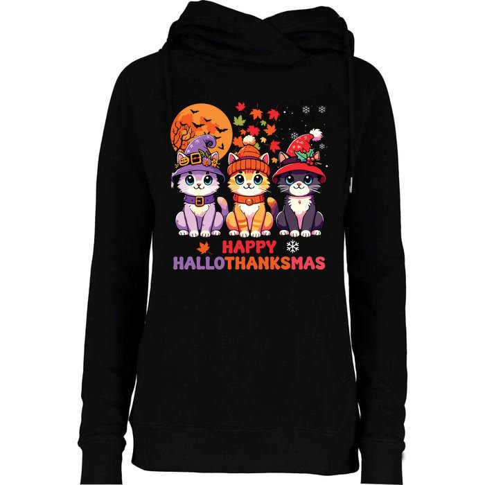 Halloween Thanksgiving Christmas Happy Hallothanksmas Cats Womens Funnel Neck Pullover Hood