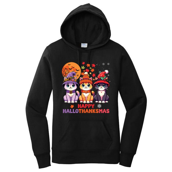 Halloween Thanksgiving Christmas Happy Hallothanksmas Cats Women's Pullover Hoodie