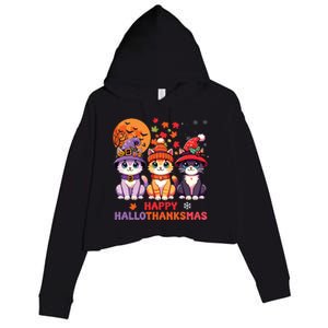 Halloween Thanksgiving Christmas Happy Hallothanksmas Cats Crop Fleece Hoodie