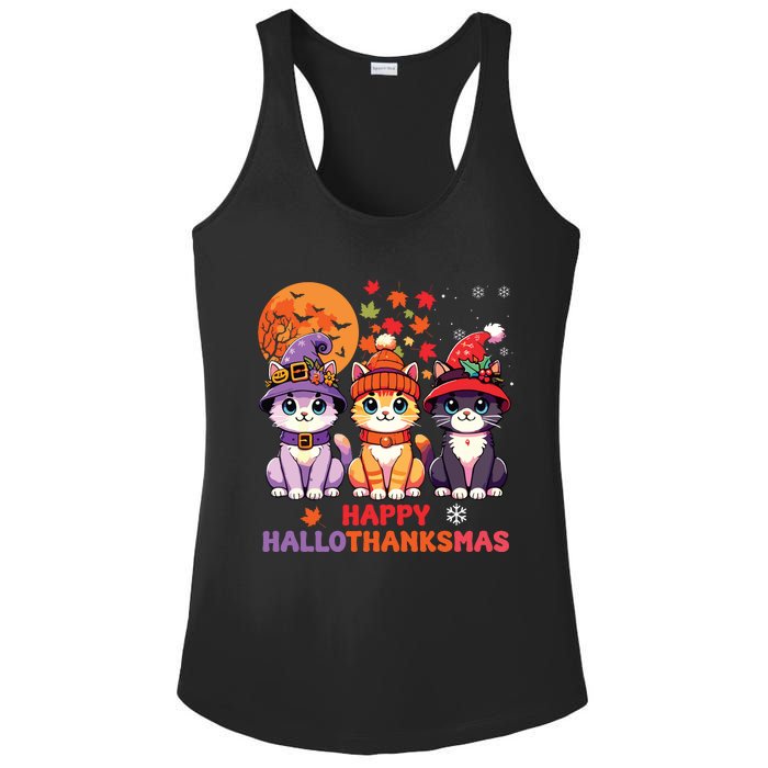 Halloween Thanksgiving Christmas Happy Hallothanksmas Cats Ladies PosiCharge Competitor Racerback Tank