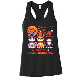 Halloween Thanksgiving Christmas Happy Hallothanksmas Cats Women's Racerback Tank