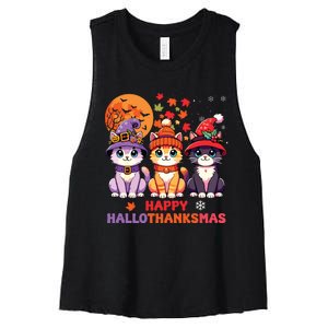 Halloween Thanksgiving Christmas Happy Hallothanksmas Cats Women's Racerback Cropped Tank