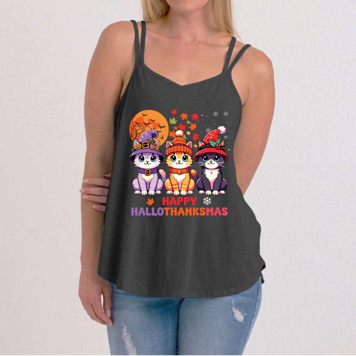 Halloween Thanksgiving Christmas Happy Hallothanksmas Cats Women's Strappy Tank