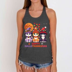 Halloween Thanksgiving Christmas Happy Hallothanksmas Cats Women's Knotted Racerback Tank