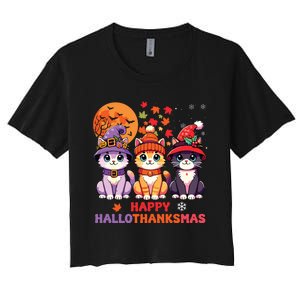 Halloween Thanksgiving Christmas Happy Hallothanksmas Cats Women's Crop Top Tee