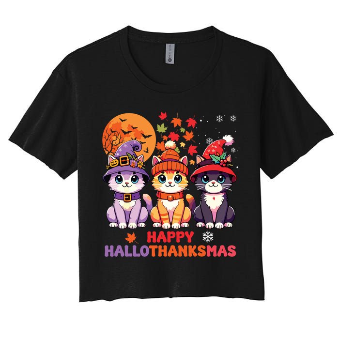 Halloween Thanksgiving Christmas Happy Hallothanksmas Cats Women's Crop Top Tee