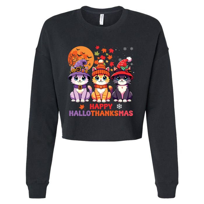 Halloween Thanksgiving Christmas Happy Hallothanksmas Cats Cropped Pullover Crew