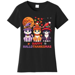 Halloween Thanksgiving Christmas Happy Hallothanksmas Cats Women's T-Shirt