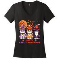 Halloween Thanksgiving Christmas Happy Hallothanksmas Cats Women's V-Neck T-Shirt