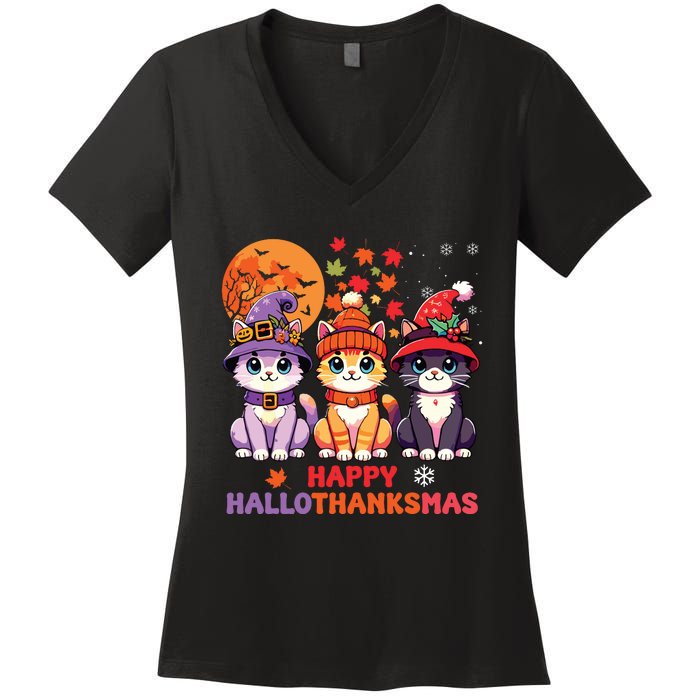 Halloween Thanksgiving Christmas Happy Hallothanksmas Cats Women's V-Neck T-Shirt