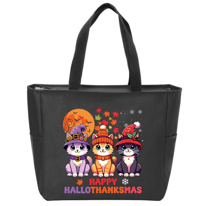 Halloween Thanksgiving Christmas Happy Hallothanksmas Cats Zip Tote Bag
