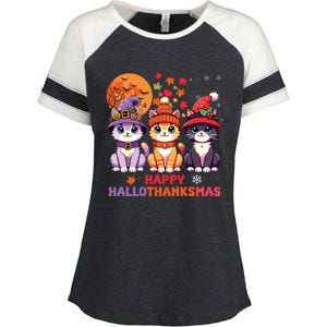 Halloween Thanksgiving Christmas Happy Hallothanksmas Cats Enza Ladies Jersey Colorblock Tee