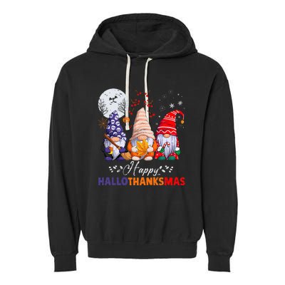 Halloween Thanksgiving Christmas Happy HalloThanksMas Gnomes Garment-Dyed Fleece Hoodie