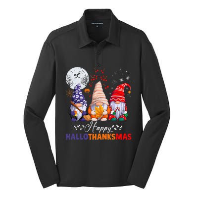 Halloween Thanksgiving Christmas Happy HalloThanksMas Gnomes Silk Touch Performance Long Sleeve Polo