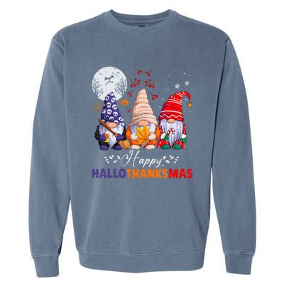 Halloween Thanksgiving Christmas Happy HalloThanksMas Gnomes Garment-Dyed Sweatshirt