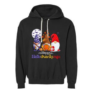 Halloween Thanksgiving Christmas Happy Hallothanksmas Gnomes Garment-Dyed Fleece Hoodie