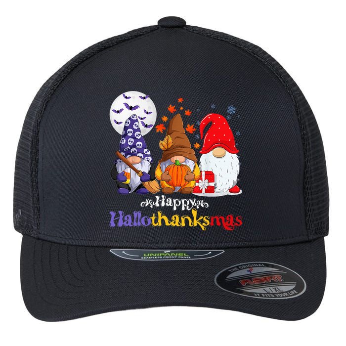 Halloween Thanksgiving Christmas Happy Hallothanksmas Gnomes Flexfit Unipanel Trucker Cap