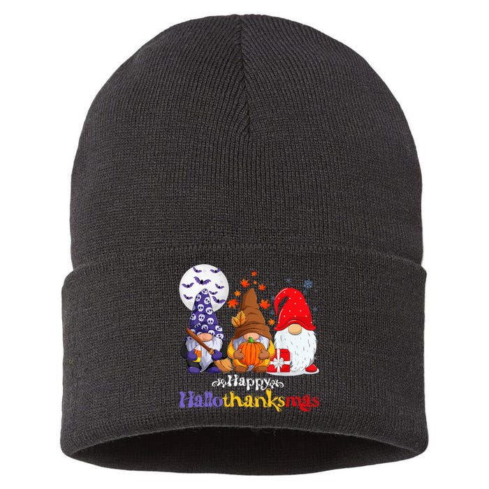 Halloween Thanksgiving Christmas Happy Hallothanksmas Gnomes Sustainable Knit Beanie