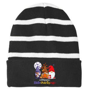 Halloween Thanksgiving Christmas Happy Hallothanksmas Gnomes Striped Beanie with Solid Band