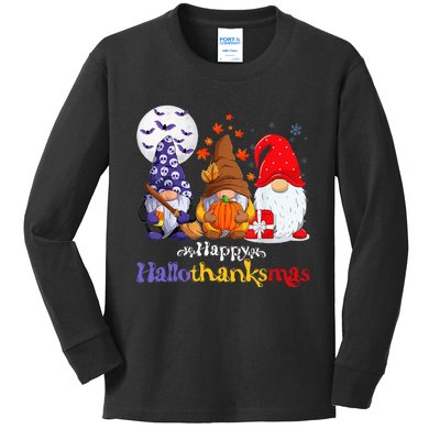 Halloween Thanksgiving Christmas Happy Hallothanksmas Gnomes Kids Long Sleeve Shirt