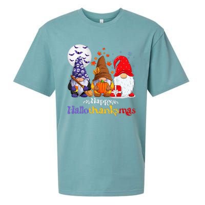 Halloween Thanksgiving Christmas Happy Hallothanksmas Gnomes Sueded Cloud Jersey T-Shirt