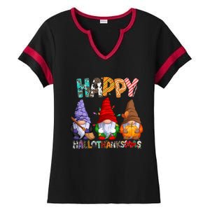 Halloween Thanksgiving Christmas Happy Hallothanksmas Gnomes Gift Ladies Halftime Notch Neck Tee