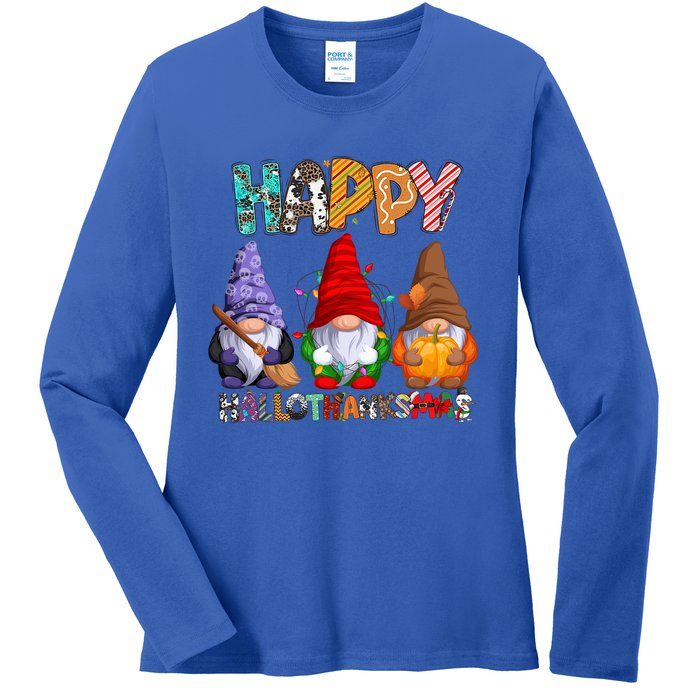 Halloween Thanksgiving Christmas Happy Hallothanksmas Gnomes Gift Ladies Long Sleeve Shirt