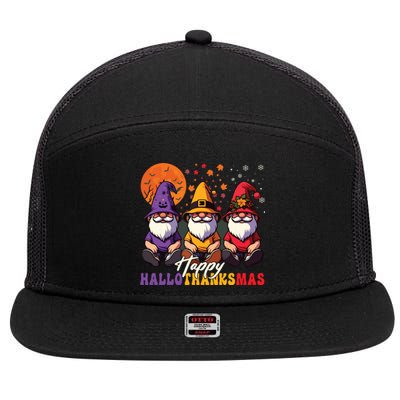 Halloween Thanksgiving Christmas Happy Hallothanksmas Gnomes 7 Panel Mesh Trucker Snapback Hat