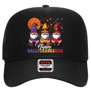 Halloween Thanksgiving Christmas Happy Hallothanksmas Gnomes High Crown Mesh Back Trucker Hat