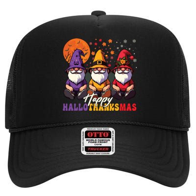 Halloween Thanksgiving Christmas Happy Hallothanksmas Gnomes High Crown Mesh Back Trucker Hat