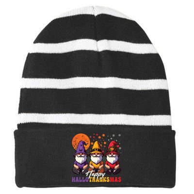 Halloween Thanksgiving Christmas Happy Hallothanksmas Gnomes Striped Beanie with Solid Band