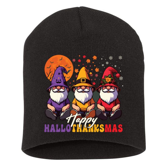 Halloween Thanksgiving Christmas Happy Hallothanksmas Gnomes Short Acrylic Beanie