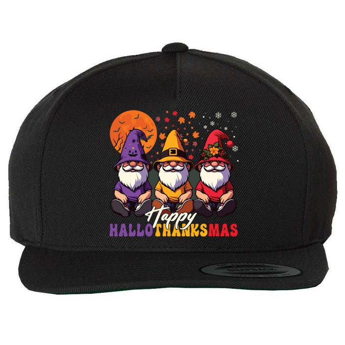 Halloween Thanksgiving Christmas Happy Hallothanksmas Gnomes Wool Snapback Cap