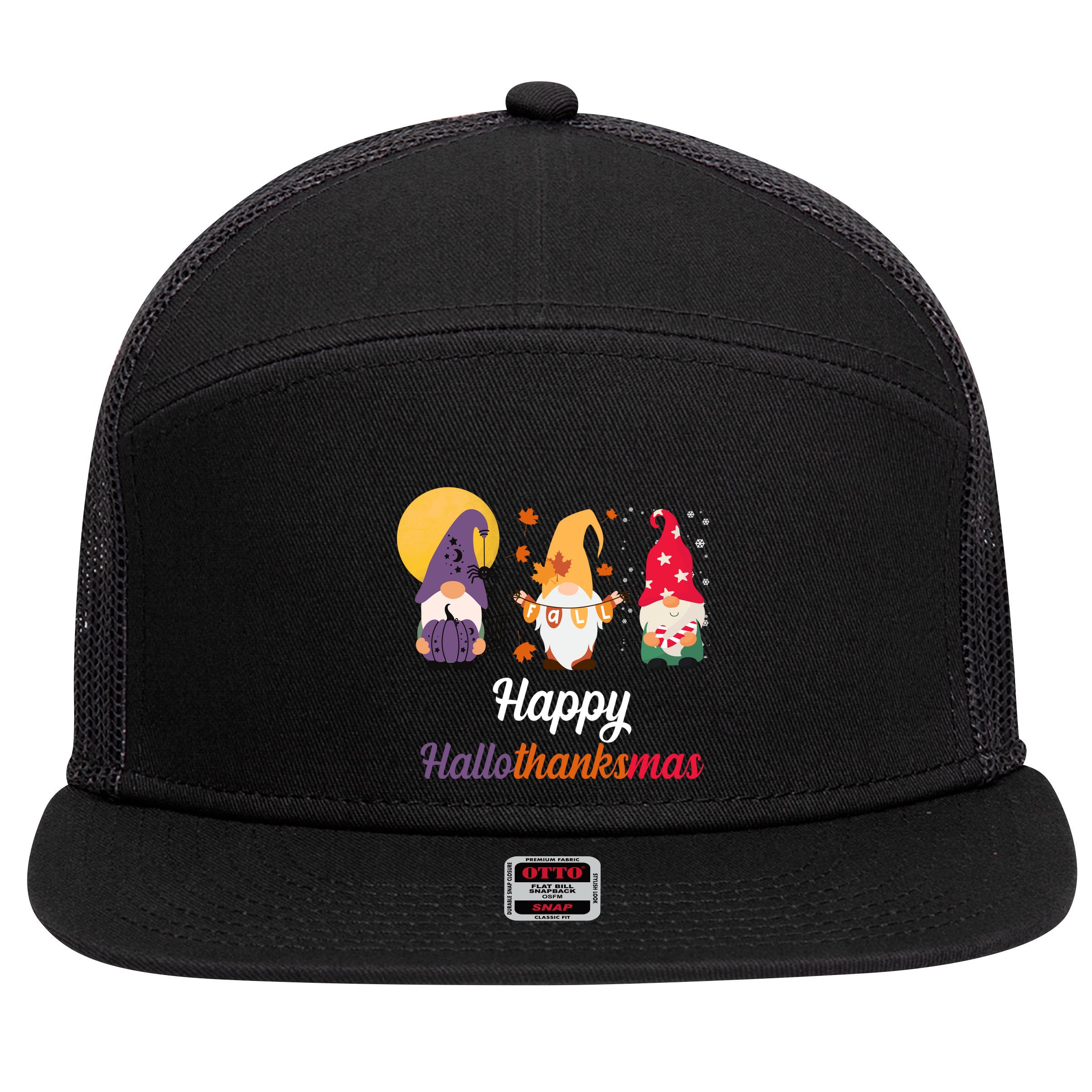 Halloween Thanksgiving Christmas Holiday Gnomes 7 Panel Mesh Trucker Snapback Hat